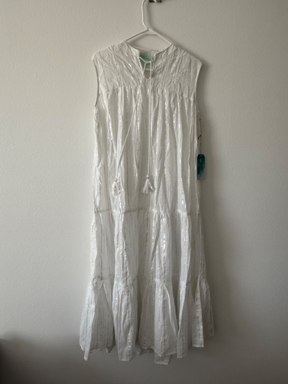 True Destinations White Lurex Cotton Sleeveless Beach Midi Resort Dress Small NW